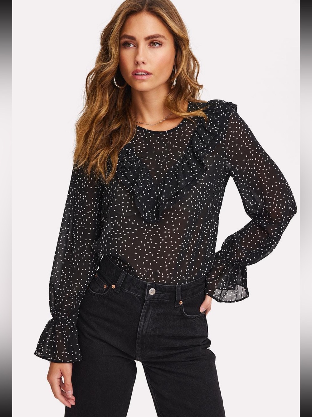 Tramp Black Sheer Polka Dot Ruffle Blouse